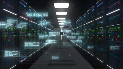 Aufkleber - Forward dolly shot, Server cabinets for storage, Data servers in a data center server room, Cloud computing data storage concept, Futuristic digital data network connection technology