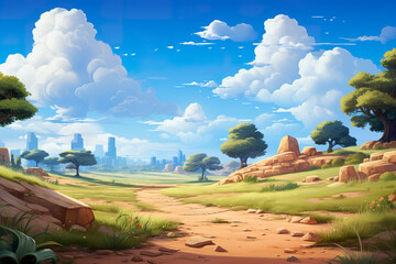 Wall Mural - Background environment of a 2D abstract caravan route for mobile adventure or battle game. Caravan known route cartoon style in game art background environment.