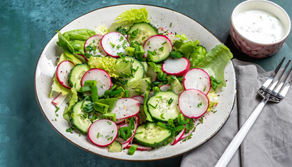 Wall Mural - Healthy crispy salad with radishes, cucumbers, lettuce and chives with yogurt dressing, green stone table background, top view