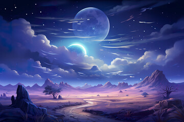 Wall Mural - Background environment of 2D abstract desert night sky for adventure or battle mobile game. Night desert cartoon style in game art background environment.
