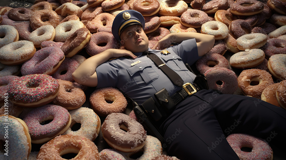 Police Cop Laying Down on Lots of Pink Donuts. Concept of Police ...