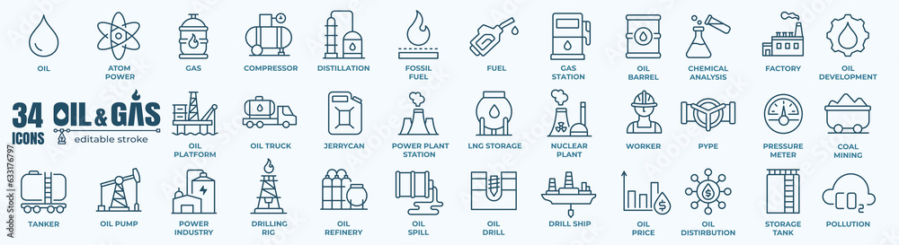 Oil and gas - thin line web icon set. Outline icons collection. Simple ...
