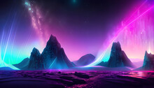 Aurora Over The Lake,abstract Background, Cosmic Landscape, Aurora Borealis, Pink Blue Neon Light, Virtual Reality, Energy Source, Glowing Laser Lines, Space, Ultraviolet Spectrum, Mountain Rock