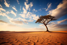 Lone Tree In Vast Sunlit Desert