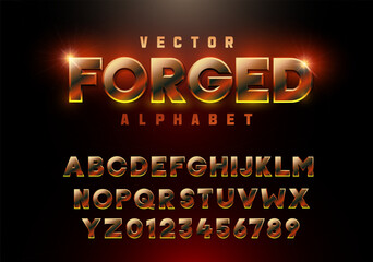 vector forged alphabet, metallic 3d font in orange tones inspired by molten rock, lava, fire, blacks