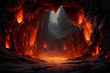 Wall Mural - Background environment of 2D abstract lava caves for adventure or battle mobile game. Dark lava caves cartoon style in game art background environment.