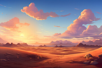 Wall Mural - Abstract 2D sunset sand dune background environment for adventure or battle mobile game. Cartoon style of small desert sand dunes in game art background environment.