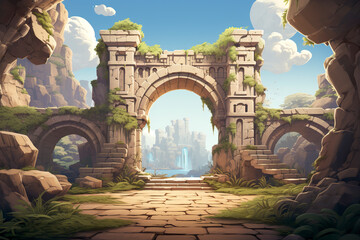 Wall Mural - 2D abstract sandstone arch background environment for adventure or battle mobile game. Cartoon style ancient sandstone arch building in game art background environment.