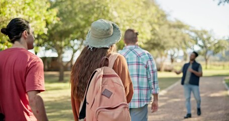 back, walking and student friends on campus for a university tour of the college grounds together. s