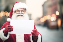 Cheerful Santa Claus Is Holding A Blank Advertising Paper, Providing Ample Copy Space For A Personalized Christmas Message Or Advertisement To Spread Holiday Chee