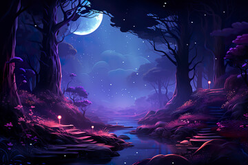 Wall Mural - 2D abstract starlit forest background environment for adventure or battle mobile game. Forest cartoon style in star night in game art background environment.