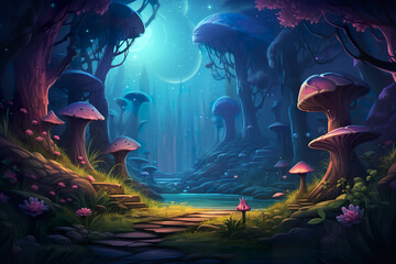 Wall Mural - 2D abstract starlit forest background environment for adventure or battle mobile game. Forest cartoon style in star night in game art background environment.