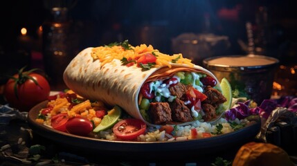 Poster - full of burritos with vegetables and meat on a wooden table with blurred background