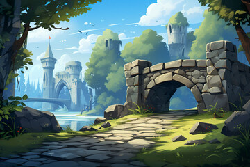 Wall Mural - Background environment of a 2D abstract stone bridge for adventure or battle mobile game. Cartoon style stone bridge over river in game art background environment.