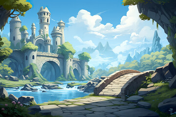 Wall Mural - Background environment of a 2D abstract stone bridge for adventure or battle mobile game. Cartoon style stone bridge over river in game art background environment.