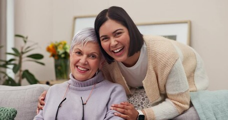 Wall Mural - Face, senior mother and woman on sofa in home living room bonding together. Elderly mom, portrait and people smile, adult daughter and family women with love, support and quality time in house lounge