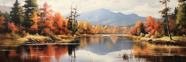 Wall Mural - a serene lake surrounded by autumn trees, generative AI