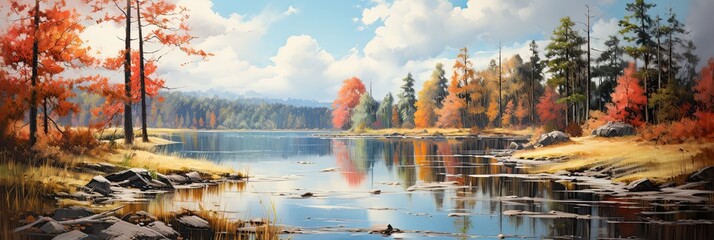 Wall Mural - a serene lake surrounded by autumn trees, generative AI