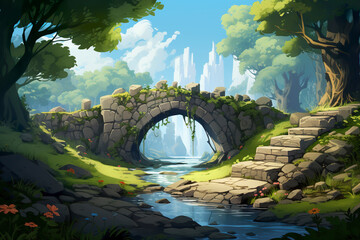 Wall Mural - Background environment of a 2D abstract stone bridge for adventure or battle mobile game. Cartoon style stone bridge over river in game art background environment.