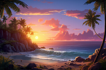 Wall Mural - Abstract 2D tropical sunset background environment for adventure or battle mobile game. Cartoon style sunset in tropical location in game art background environment.