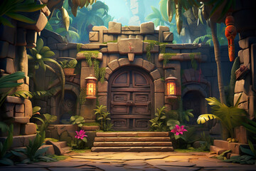 Wall Mural - Background environment of 3D abstract hidden treasure room for adventure mobile game. Cartoon style of treasure room inside tropical temple ruins in game art background environment.