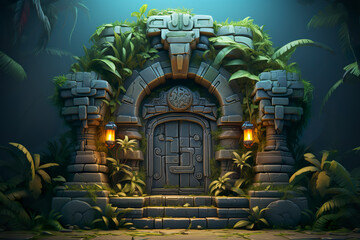 Wall Mural - Background environment of 3D abstract hidden treasure room for adventure mobile game. Cartoon style of treasure room inside tropical temple ruins in game art background environment.