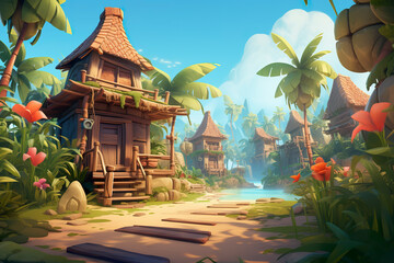 Wall Mural - Background environment of hidden treasure hunt in 3D abstract village for adventure mobile game. Cartoon style hidden treasure hunt in tropical village in game art background environment.