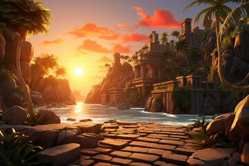 Wall Mural - Abstract 3D abstract tropical temple ruins sunset background environment for adventure mobile game. Ruins cartoon style in warm tones in game art background environment.
