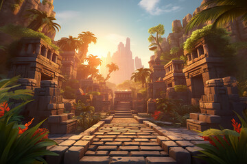 Wall Mural - Abstract 3D abstract tropical temple ruins sunset background environment for adventure mobile game. Ruins cartoon style in warm tones in game art background environment.