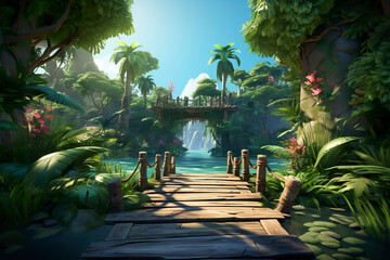Wall Mural - Background environment of 3D abstract bamboo bridge for adventure mobile game. Cartoon style bridge over tropical lake in game art background environment.
