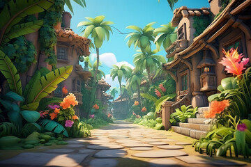 Wall Mural - 3D abstract peaceful village background environment for adventure mobile game. Quiet, secluded village cartoon style in game art background environment.