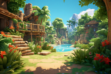 Wall Mural - 3D abstract peaceful village background environment for adventure mobile game. Quiet, secluded village cartoon style in game art background environment.