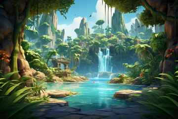 Wall Mural - Beautiful 2D abstract tropical jungle waterfall background environment for adventure or battle mobile game. Cartoon style of tropical jungle waterfalls in game art background environment.
