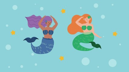 Sticker - two beautiful fairy tale mermaids with stars animation