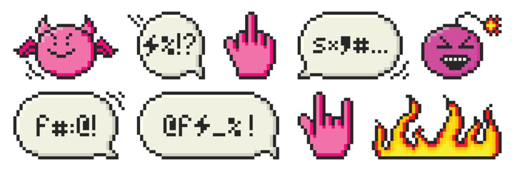 Fototapete - set of pixel art dialogue box with swear words, evil emoji, bomb, hands and fire. speech bubbles in 