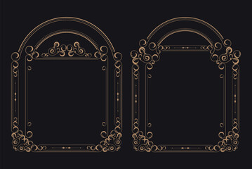 Golden border frame set template with ornamental corner lines, oval or circle shape, vector frame decoration pattern style