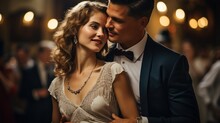 Classic. Romance. Love. Ballroom Dance Floor With Couples Dancing. Female In Flapper Dress And Male In Tuxedo. Generative AI