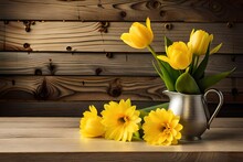 Happy Sunday Alphabet Letter With Yellow Tulip Flowers Bouquet On Wooden Background
