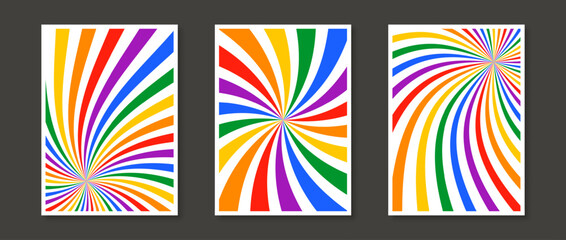 Poster - Set of rainbow sunburst prints. Abstract colorful poster collection. Geometric star burst psychedelic wallpapers pack. Pride month and lgbt rights concept templates bundle. Vector illustration.