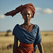 © MARIA - Black woman, 40 years old, square face, model wearing typical african costume with turban, walking in field