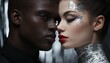 Portrait of a beautiful white girl and a black guy, a woman and a man love couple of model appearance and in a fashionable style. Made in AI