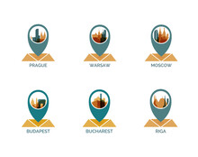 Eastern Europe Slavic Cities Icons Set, Modern Skyline Cityscape Vector Logo Set, Pack. Collection Of Icons For  Landmarks Of Bucharest, Budapest, Riga, Warsaw, Prague, Moscow Map Pointer
