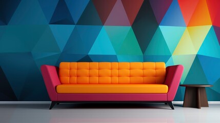 Minimalist clean sofa, with randon rgb pattern wall background, sofa interior design,