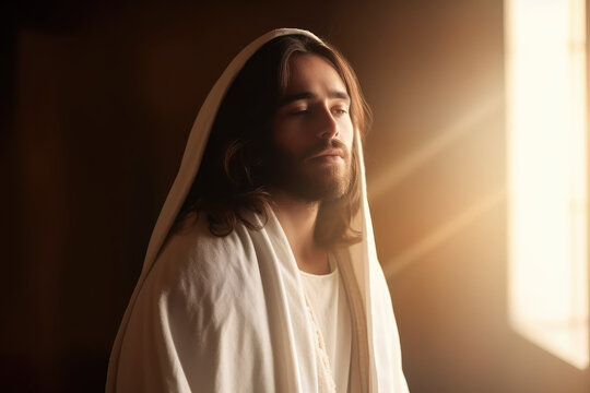 jesus christ in white clothes and loving peaceful, blurry light rays in background