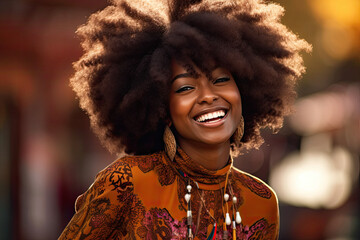 Wall Mural - photograph of Beautiful african american girl with an afro hairstyle smiling