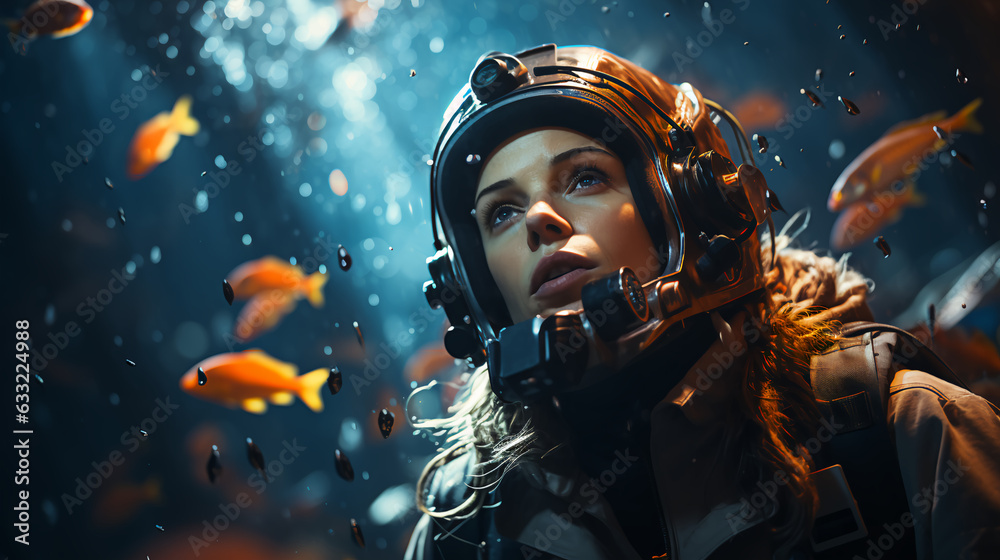 The face of a beautiful female scuba diver in a mask and diving suit ...
