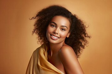 Wall Mural - photograph of Beauty portrait of African american woman with clean healthy skin on beige background. Smiling dreamy beautiful afro girl.