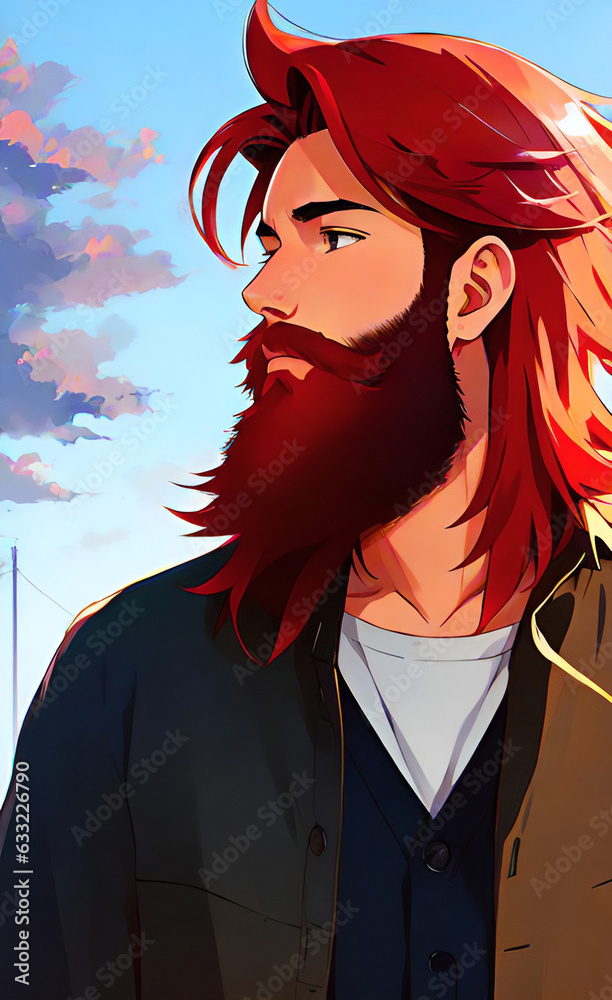 Anime male man with red hair and beard. Red hair anime boy Manga style ...