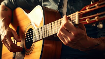 A closeup photo of a guitarist guy playing a classic acoustic guitar