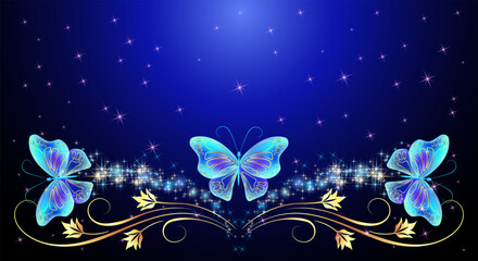 Wall Mural - Fairytale night sky with magical blue butterflies and floral golden ornament and stars. Fantasy sparkle background.